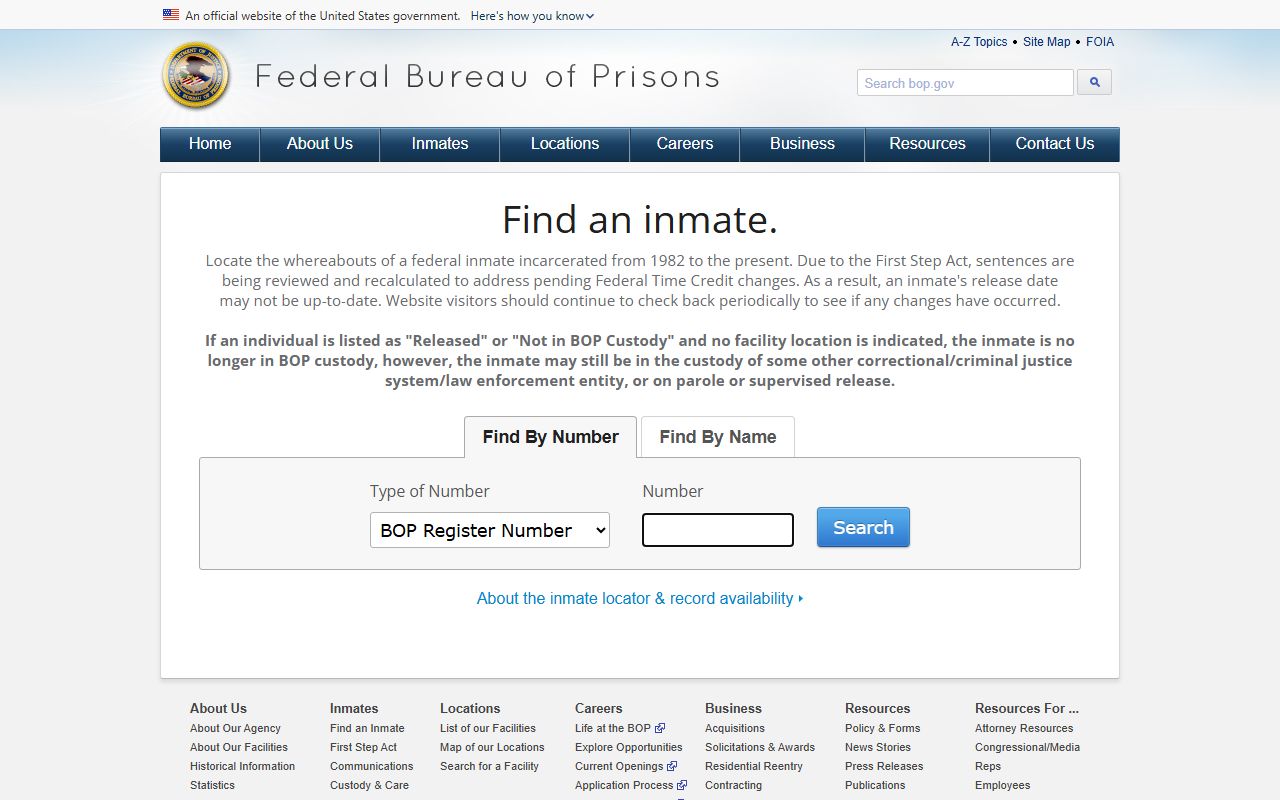 Federal BOP Inmate Locator with number and name search paths