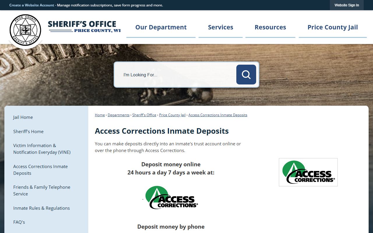 Price County Access Corrections deposit page with required booking CID details
