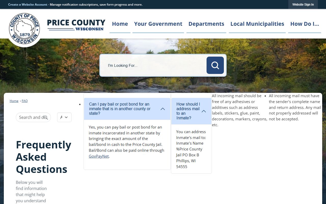Price County jail FAQ open records booking photo limits