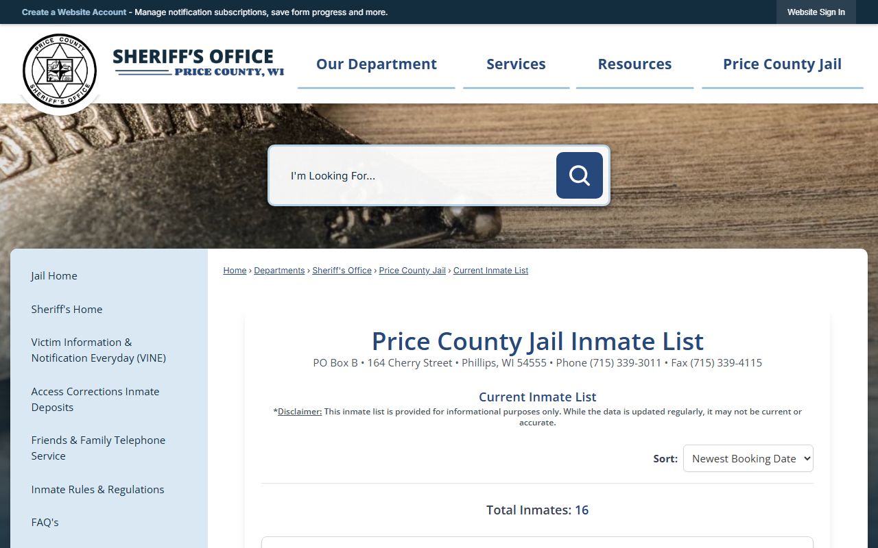 Price County inmate population current inmate list roster