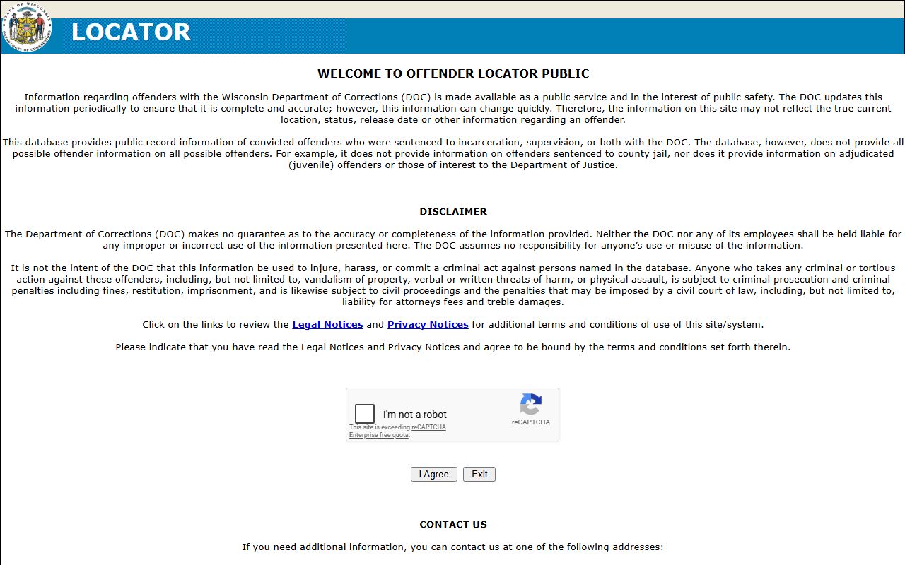 Wisconsin DOC Offender Locator public search page